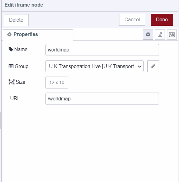 Screenshot showing configurations of iframe widget for rendering worlmap page on dashboard "Screenshot showing configurations of iframe widget for rendering worlmap page on dashboard"