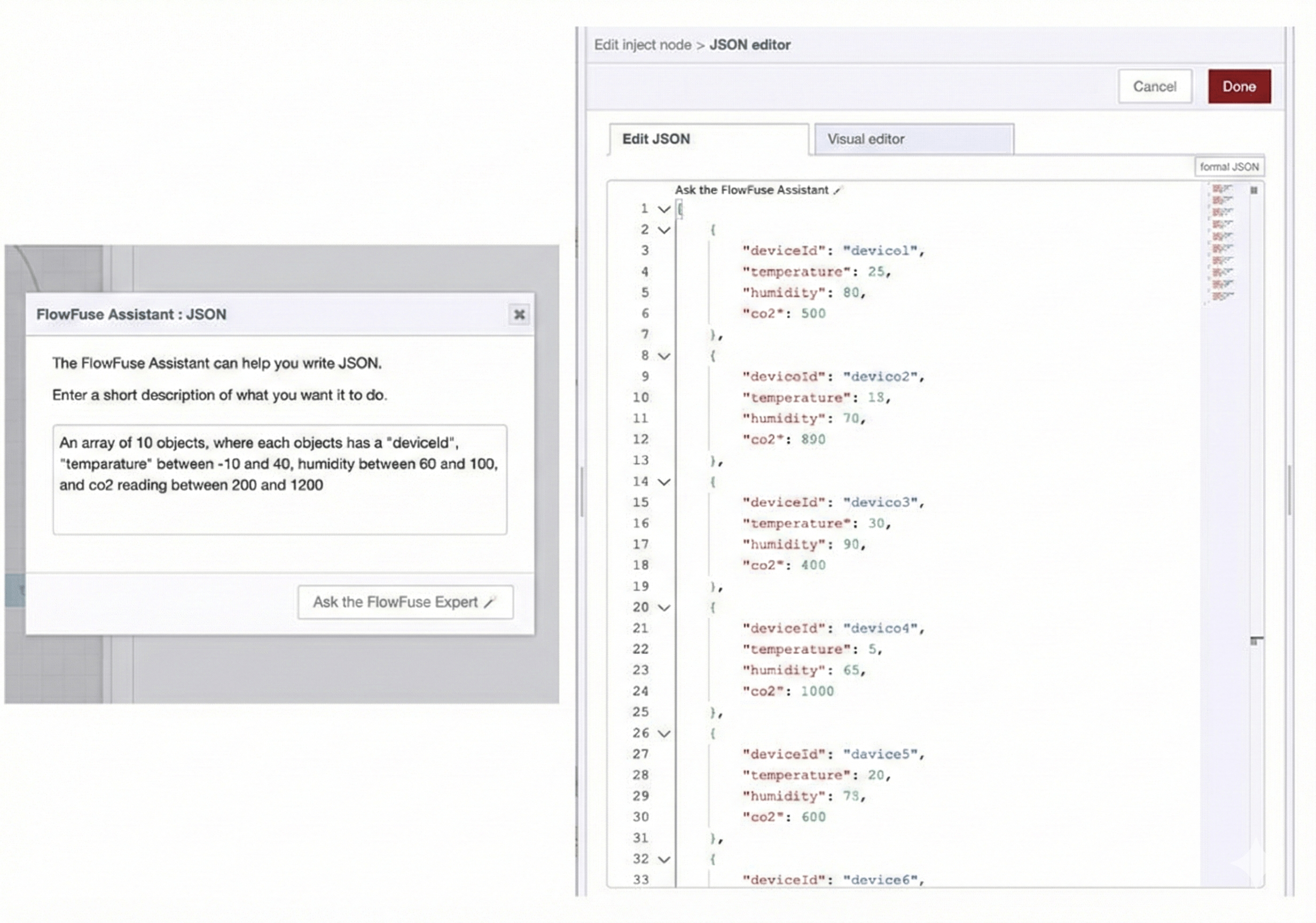 (Left) Screenshot of the AI prompt input for a list of simulated devices and (Right) the resulting JSON generated by the FlowFuse Expert