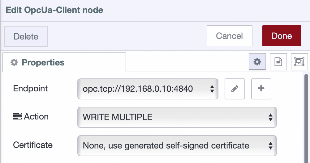 Screenshot showing OPC UA Client node with "WRITE MULTIPLE" action selected