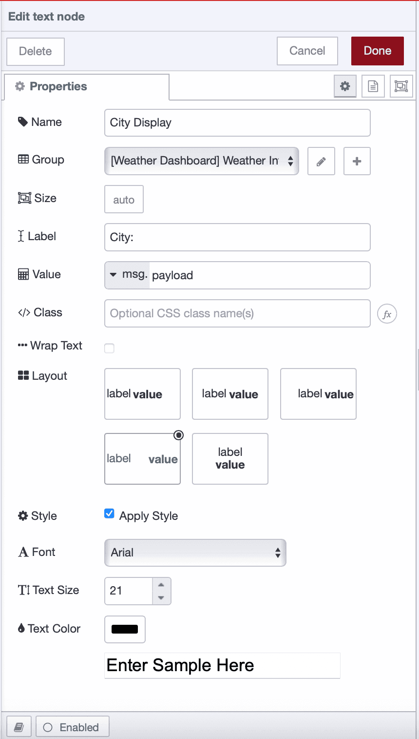 UI text node configured to display city name in Weather Info group