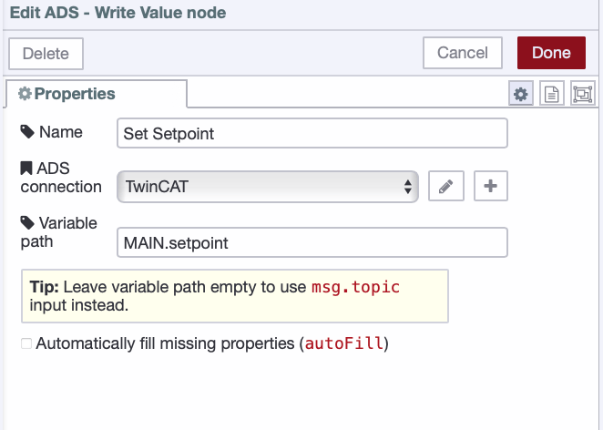 ADS Write Value node configuration showing variable name set to MAIN.setpoint with autoFill unchecked