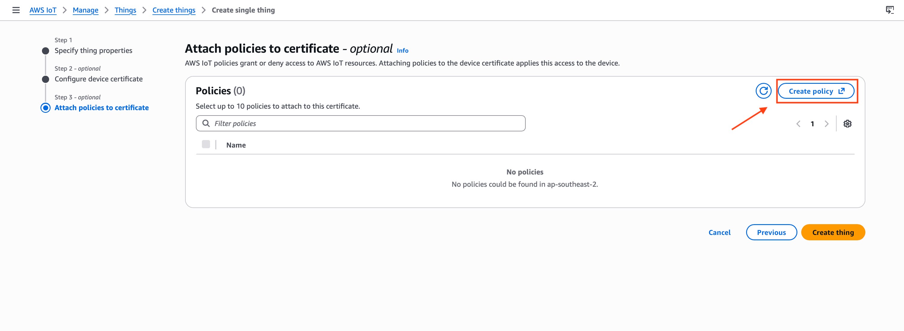 "AWS IoT Core policy attachment screen with the Create policy button visible in the top right"