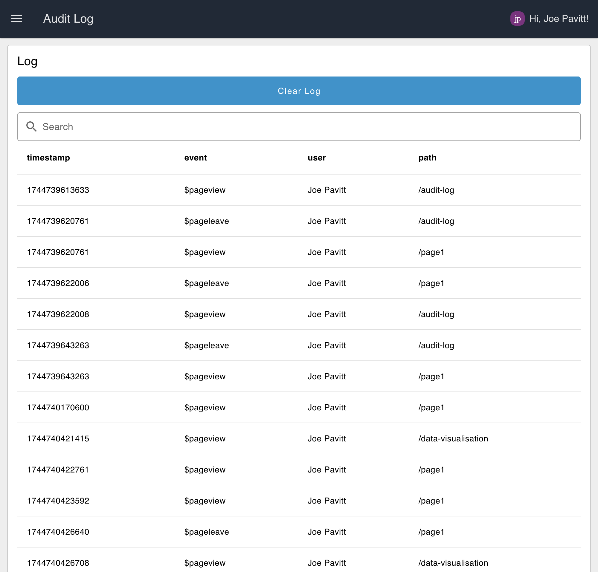 Screenshot of the User Tracking & Audit Log example