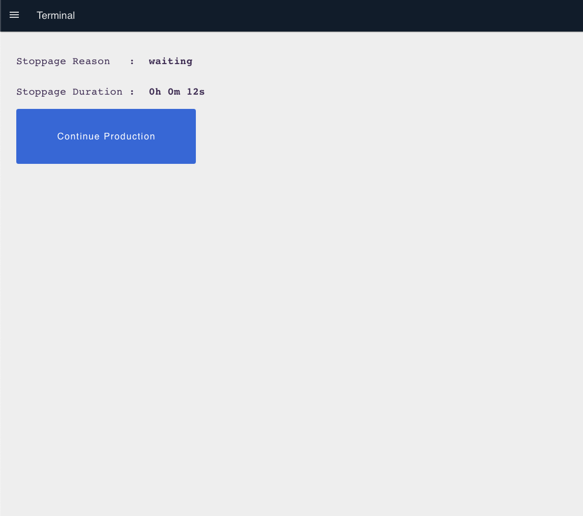 Downtime screen showing Waiting as the selected reason with a live stoppage timer and Production button to resume