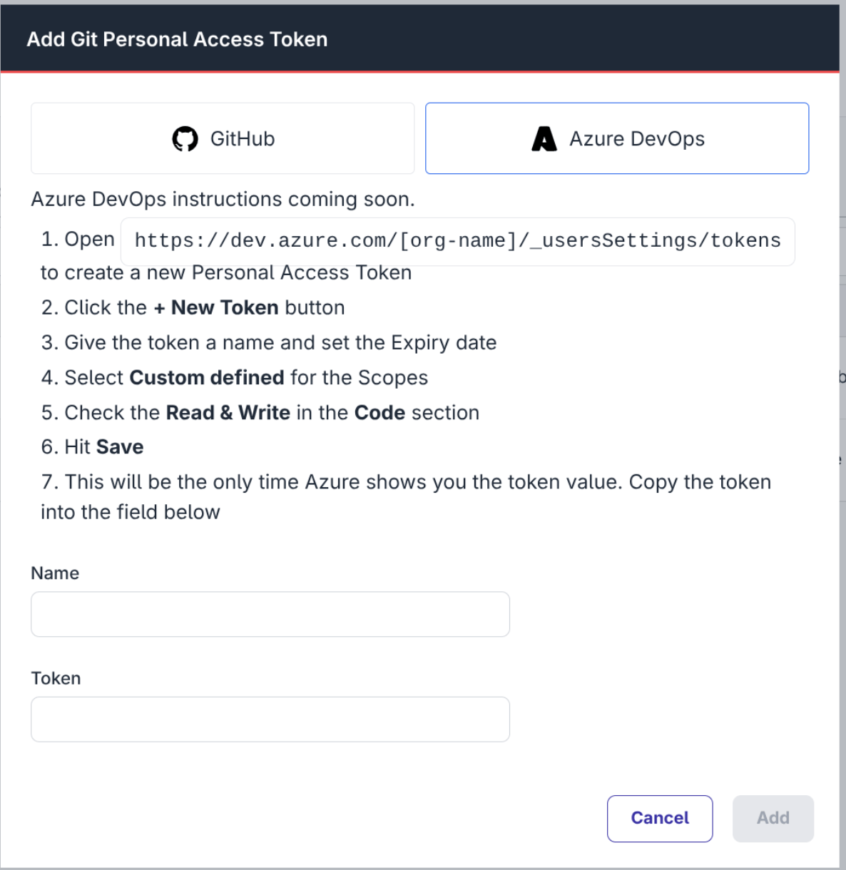 Dialog to create a new Azure DevOps Token
