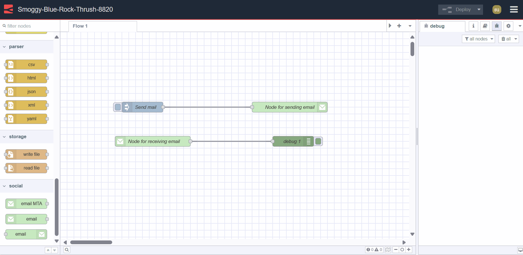 "Screenshot displaying Node-RED flow: Sending and Receiving Emails using Node-RED"