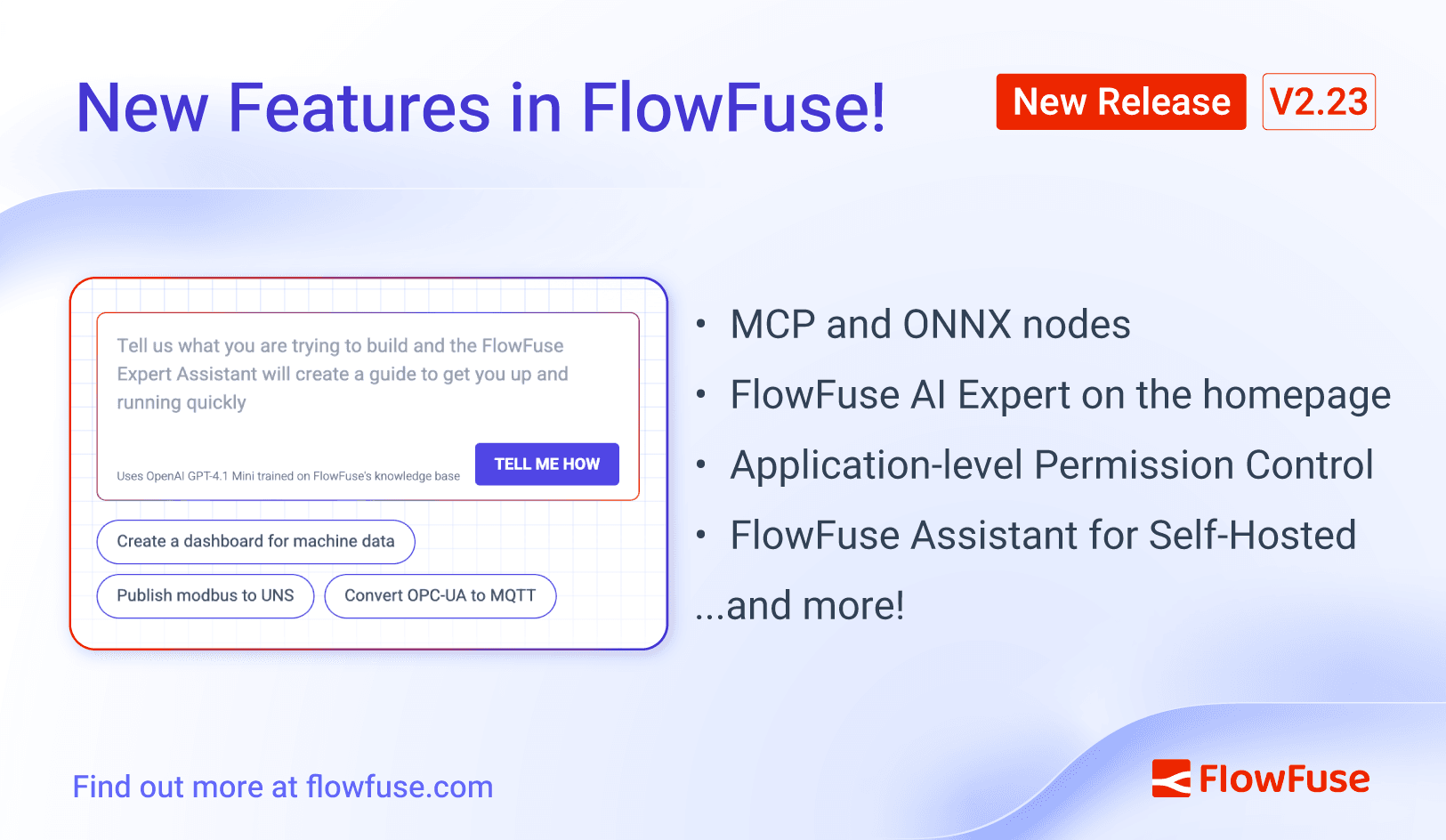 Image representing FlowFuse 2.23: MCP and ONNX nodes, FlowFuse AI Expert on the homepage, Application-level Permission Control, FlowFuse Expert for Self-Hosted, and more!